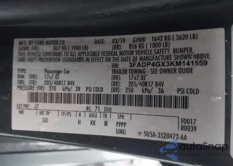 2019 Ford Fiesta St z USA, uszkodzony, nr VIN 3FADP4GX3KM141559